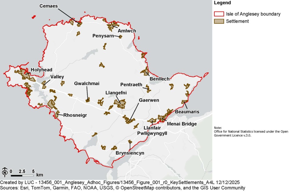 Map showing main settlements on Anglesey