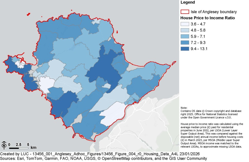 Map showing the ration of house prices to income across Anglesey
